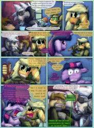 Size: 2200x3000 | Tagged: safe, artist:firefanatic, derpibooru import, applejack, rainbow dash, twilight sparkle, alicorn, human, monster pony, original species, satyr, tatzlpony, comic:agents of hoo-men, angry, dialogue, implied vore, species swap, tatzljack, twilight sparkle (alicorn), vulgar, what is hoo-man