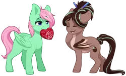 Size: 978x587 | Tagged: safe, artist:silentwulv, derpibooru import, oc, oc:cocoa dot, oc:pending storm, unofficial characters only, bat pony, pegasus, pony, cute, duo, duo female, eyes closed, female, lidded eyes, mouth hold, ocbetes, raised hoof, simple background, transparent background, valentine's day
