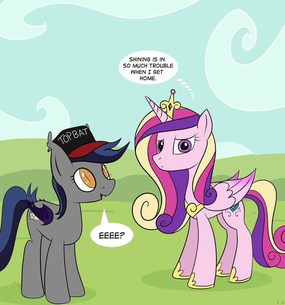 Size: 2000x2136 | Tagged: source needed, safe, artist:php47, derpibooru import, princess cadance, oc, oc:echo, alicorn, bat pony, pony, cadance is not amused, confused, ear tufts, eeee, female, frown, glare, hat, looking at you, mare, open mouth, smiling, speech bubble, thought bubble, top bat, top gun hat