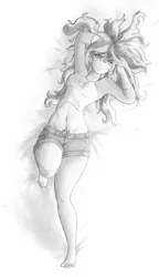 Size: 1581x2746 | Tagged: suggestive, artist:cross_ornstein, derpibooru import, sunset shimmer, equestria girls, legend of everfree, bed, belly button, clothes, curvy, grayscale, hourglass figure, midriff, monochrome, morning, on back, one eye closed, short shirt, traditional art, wink