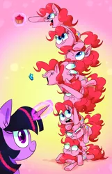 Size: 968x1500 | Tagged: safe, artist:vdru7, derpibooru import, pinkie pie, twilight sparkle, butterfly, earth pony, pony, too many pinkie pies, clone, cupcake, derp, eyes closed, faceplant, faic, female, food, glowing horn, heart eyes, looking at you, magic, mare, multeity, one eye closed, open mouth, pinkie clone, redraw, smiling, sweat, telekinesis, tongue out, too much pink energy is dangerous, tower of pony, wingding eyes