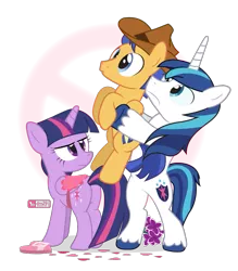 Size: 875x1000 | Tagged: safe, artist:dm29, derpibooru import, flash sentry, shining armor, twilight sparkle, twilight sparkle (alicorn), alicorn, pony, cowboy hat, denied, female, flashlight, flower, hat, hearts and hooves day, holding a pony, lilacs, male, nope, plot, ponies riding ponies, pony wears the saddle, saddle, shipping, shipping denied, straight, tack, twilight is not amused, unamused, valentine's day