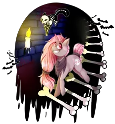 Size: 2671x2883 | Tagged: artist:kattyusha, bat, bone, candle, cat, derpibooru import, oc, oc:grim, safe, skeleton, spooky, unofficial characters only