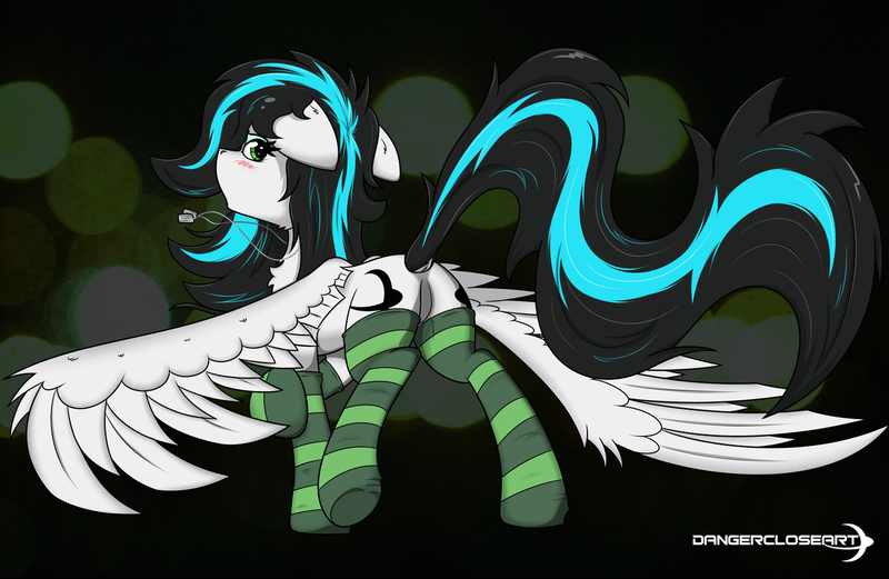 Size: 1280x833 | Tagged: suggestive, artist:dangercloseart, derpibooru import, oc, oc:danger close, unofficial characters only, pegasus, pony, blushing, clothes, looking at you, socks, solo, spread wings, striped socks