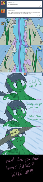 Size: 1280x5315 | Tagged: safe, artist:hummingway, derpibooru import, oc, oc:feather hummingway, oc:swirly shells, unofficial characters only, merpony, absurd resolution, ask-humming-way, dialogue, music notes, tumblr, tumblr comic, underwater