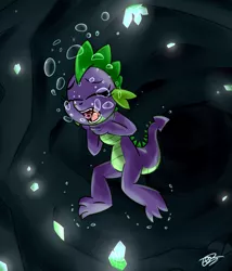 Size: 2400x2800 | Tagged: artist:uwdr-64, asphyxiation, barb, bubble, cave, crystal, derpibooru import, dragon, drowning, female, imminent death, rule 63, semi-grimdark, solo, spike, underwater