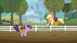 Size: 250x141 | Tagged: safe, derpibooru import, screencap, applejack, twilight sparkle, pony, the ticket master, animated, apple, basket, bouncing, eyes closed, fence, food, gif, gif for breezies, happy, jumping, loop, picture for breezies, speed up, sweet apple acres