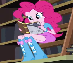 Size: 3918x3409 | Tagged: safe, derpibooru import, edit, edited screencap, editor:mrdoctorderpy, screencap, pinkie pie, equestria girls, friendship games, absurd resolution, ashens, book, boots, bracelet, clothes, cropped, fifty shades of grey, high heel boots, jewelry, ladder, reading, skirt, solo, wrong aspect ratio