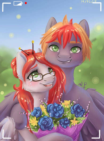 Size: 1400x1900 | Tagged: safe, artist:alina-sherl, derpibooru import, oc, unofficial characters only, pegasus, pony, blushing, bouquet, crying, female, flower, glasses, green eyes, hair bun, happy, looking at you, male, mare, photo, signature, smiling, stallion, tears of joy