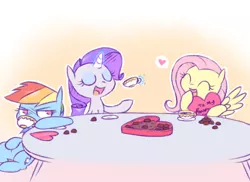 Size: 1080x786 | Tagged: safe, artist:raridashdoodles, derpibooru import, fluttershy, rainbow dash, rarity, box of chocolates, chocolate, cup, eyes closed, female, flarity, food, grumpy, heart, lesbian, levitation, love triangle, magic, open mouth, raridash, shipping, sitting, smiling, spread wings, table, tea, telekinesis, valentine, valentine's day