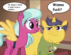 Size: 982x768 | Tagged: suggestive, derpibooru import, edit, edited screencap, screencap, mint condition, ocean spray, stranger than fan fiction, background pony, brony, brony stereotype, dialogue, duo, fake wings, looking at each other, neckbeard, pit stain, speech bubble, sweat, thought bubble, transgender, vulgar, wavy mouth