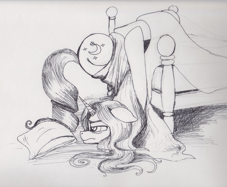 Size: 2053x1688 | Tagged: safe, artist:scribblepwn3, derpibooru import, oc, oc:midnight scribbler, unofficial characters only, pony, unicorn, awkward moment, bed, horn ring, monday, monochrome, pen drawing, solo, tangled up, traditional art