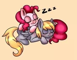 Size: 1627x1285 | Tagged: safe, artist:lamentedmusings, derpibooru import, derpy hooves, pinkie pie, earth pony, pegasus, pony, derpypie, eyes closed, female, lesbian, mare, pony pillow, prone, shipping, simple background, sleeping, zzz
