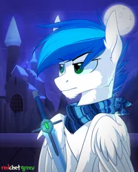 Size: 1500x1864 | Tagged: safe, artist:redchetgreen, derpibooru import, oc, unofficial characters only, pegasus, pony, bandana, blue hair, castle, commission, full moon, green eyes, male, moon, night, serious, serious face, solo, stallion, sword, weapon