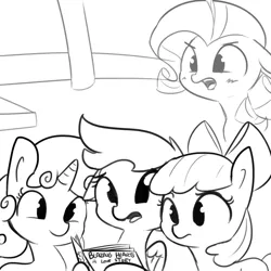 Size: 1280x1280 | Tagged: safe, artist:tjpones, derpibooru import, apple bloom, rarity, scootaloo, sweetie belle, earth pony, pegasus, pony, unicorn, black and white, blushing, book, cutie mark crusaders, floppy ears, grayscale, missing horn, monochrome, open mouth, simple background, this will end in tears and/or death and/or covered in tree sap, tongue out, varying degrees of want, white background