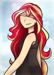 Size: 916x1283 | Tagged: artist:katedoof, derpibooru import, ear piercing, earring, eyes closed, freckles, human, humanized, jewelry, piercing, safe, see-through, smiling, solo, sunset shimmer