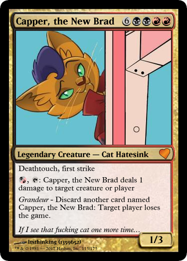 Size: 375x523 | Tagged: abyssinian, anthro, capper dapperpaws, cat, derpibooru import, hate, magic the gathering, male, meme, meta, my little pony: the movie, safe, that fucking cat, vulgar