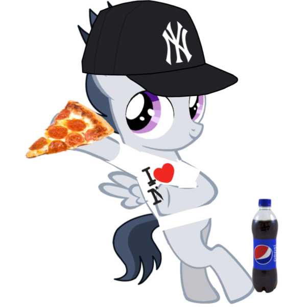 Size: 699x696 | Tagged: safe, artist:jawsandgumballfan24, derpibooru import, rumble, pegasus, pony, bipedal, clothes, food, hat, i love new york, meat, new york yankees, pepperoni, pepperoni pizza, pepsi, pizza, shirt, simple background, soda, solo, t-shirt, transparent background, yankees