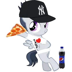 Size: 699x696 | Tagged: safe, artist:jawsandgumballfan24, derpibooru import, rumble, pegasus, pony, bipedal, clothes, food, hat, i love new york, meat, new york yankees, pepperoni, pepperoni pizza, pepsi, pizza, shirt, simple background, soda, solo, t-shirt, transparent background, yankees