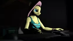 Size: 1920x1080 | Tagged: 3d, anthro, artist:facelesssoles, breasts, cleavage, clothes, computer mouse, derpibooru import, drawing, female, fluttershy, keyboard, safe, shirt, solo, tablet, tanktop