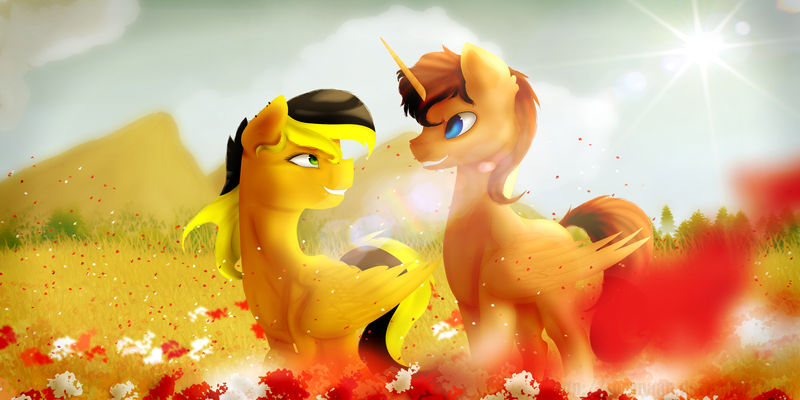 Size: 4000x2000 | Tagged: safe, artist:isorrayi, derpibooru import, oc, oc:courageous heart, oc:yellow jacket, unofficial characters only, pegasus, pony, female, flower, male, mare, oc x oc, shipping, stallion, straight, sun