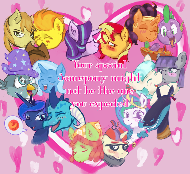 Size: 2803x2564 | Tagged: safe, artist:gab0o0, derpibooru import, ahuizotl, braeburn, coco pommel, gabby, maud pie, moondancer, princess celestia, princess ember, princess luna, saffron masala, spike, spitfire, starlight glimmer, sunset shimmer, tree hugger, trixie, dragon, gryphon, pony, ahulestia, coco pebbles, cocomaud, crack shipping, female, gabtrix, lesbian, lunember, male, saffspike, shimmerglimmer, shipping, spitburn, straight, treedancer