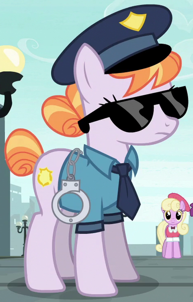 Size: 472x740 | Tagged: safe, derpibooru import, screencap, copper top, luckette, pony, the gift of the maud pie, clothes, cuffs, hat, police officer, police pony, sunglasses