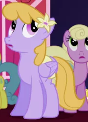 Size: 432x600 | Tagged: safe, derpibooru import, screencap, drizzle, lemon hearts, spring forward, earth pony, pegasus, pony, unicorn, the ticket master, animation error, background pony, clothes, female, flower, flower in hair, mare, romana, saddle, skirt, tack