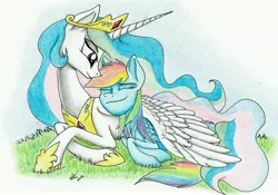 Size: 6100x4280 | Tagged: absurd resolution, artist:celestial-rainstorm, crown, dashlestia, derpibooru import, edit, female, happy, hug, jewelry, lesbian, peytral, princess celestia, rainbow dash, regalia, safe, shipping, smiling, traditional art, winghug