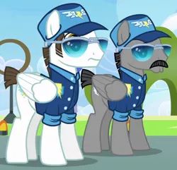 Size: 570x550 | Tagged: safe, derpibooru import, screencap, fast clip, manerick, whiplash, pony, wonderbolts academy, background pony, clothes, cropped, duo, facial hair, hat, male, moustache, short tail, stallion, sunglasses, uniform