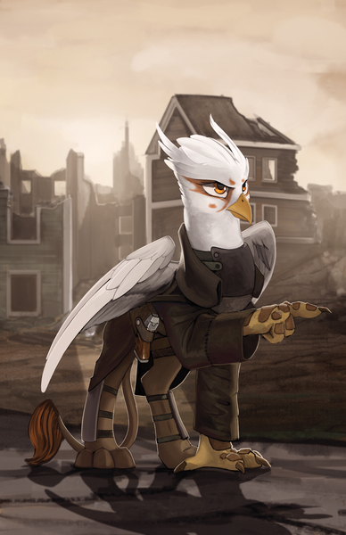 Size: 5500x8500 | Tagged: safe, artist:rublegun, derpibooru import, oc, oc:regina grimfeathers, unofficial characters only, gryphon, fallout equestria, absurd resolution, building, clothes, gun, handgun, pistol, pointing, ruins, serious, serious face, solo, weapon