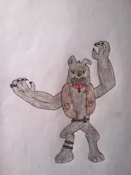 Size: 1936x2592 | Tagged: artist:pizzamovies, derpibooru import, diamond dog, evil, fangs, grin, inked, leg brace, oc, oc:dugger gem, ripped shirt, safe, season 1, smiling, solo, traditional art, unofficial characters only