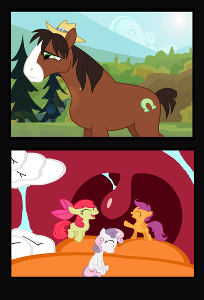 Size: 2168x3184 | Tagged: safe, artist:shrunken-littlebro12, derpibooru import, apple bloom, scootaloo, sweetie belle, trouble shoes, earth pony, pegasus, pony, unicorn, bouncing, comedic vore, comic, cutie mark crusaders, female, fetish, filly, giant pony, inside, inside mouth, macro, male, micro, mouth, stallion, tongue out, unhappy, uvula, vore