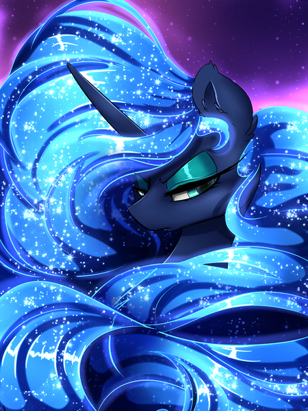 Size: 1800x2400 | Tagged: safe, artist:madacon, derpibooru import, princess luna, pony, beautiful, color porn, eyeshadow, glowing mane, lidded eyes, long mane, looking at something, makeup, missing accessory, serious, serious face, solo, stars