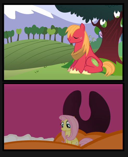 Size: 1172x1432 | Tagged: safe, artist:shrunken-littlebro12, derpibooru import, big macintosh, fluttershy, earth pony, pegasus, pony, big macinpred, bigger macintosh, comic, cute, female, fetish, flutterprey, giant pony, inside mouth, macro, male, mare, micro, non-fatal vore, stallion, tiny, uvula, vector, vore