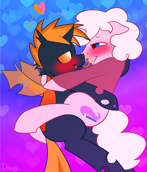 Size: 1200x1400 | Tagged: suggestive, artist:timidwithapen, derpibooru import, oc, oc:amber heart, oc:drawalot, unofficial characters only, changeling, earth pony, pony, blushing, changeling oc, clothes, gay, heart, hug, jumper, licking, male, orange changeling, tongue out