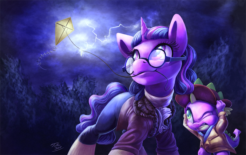 Size: 1200x759 | Tagged: safe, artist:tsitra360, derpibooru import, spike, twilight sparkle, dragon, pony, benjamin franklin, brony thank you fund, clearing, clothes, forest, glasses, hat, lightning, mouth hold, one eye closed, pants, signature, storm