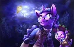 Size: 1200x759 | Tagged: safe, artist:tsitra360, derpibooru import, spike, twilight sparkle, dragon, pony, benjamin franklin, brony thank you fund, clearing, clothes, forest, glasses, hat, lightning, mouth hold, one eye closed, pants, signature, storm