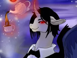 Size: 2048x1556 | Tagged: safe, artist:brainiac, derpibooru import, alicorn, bat pony, bat pony alicorn, black butler, blood moon, bust, crossover, cup, moon, sebastian michaelis, solo, teacup, teapot