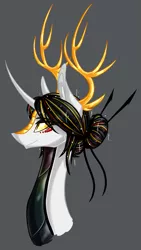 Size: 969x1720 | Tagged: safe, artist:australian-senior, derpibooru import, oc, oc:niomedes invictus, unofficial characters only, alicorn, kirin, kirindos, alternate universe, antlers, bust, crossover, curved horn, ear fluff, glados, golden eyes, gray background, hair bun, hairpin, image, png, portal, portal (valve), portal 2, portrait, simple background, smiling, solo