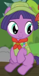 Size: 400x774 | Tagged: safe, derpibooru import, screencap, lavandula, earth pony, pony, the mane attraction, clothes, hat, offscreen character, sitting, smiling, solo, solo focus, vest