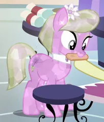 Size: 340x400 | Tagged: safe, derpibooru import, screencap, lilac luster, crystal pony, pony, games ponies play, background pony, cropped, female, flower, flower in hair, mare, mouth hold, solo