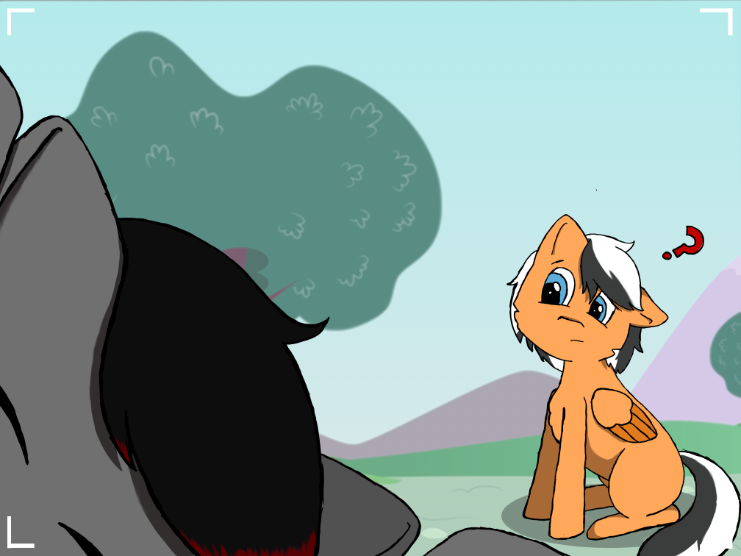 Size: 741x556 | Tagged: safe, artist:onyxpenstroke, derpibooru import, oc, oc:onyx penstroke, oc:renard prower, unofficial characters only, pegasus, pony, blurred background, camera shot, colored wings, confused, excited, eyes closed, floppy ears, folded wings, fourth wall, head tilt, missing cutie mark, mountain, multicolored hair, multicolored wings, question mark, screencapped background, sideways glance, sitting, tree