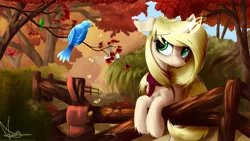 Size: 1920x1080 | Tagged: artist:aurelleah, autumn, bird, bow, chest fluff, clothes, commission, cute, derpibooru import, ear fluff, fence, floppy ears, fluffy, forest, hair bow, happy, leaves, looking away, magic, oc, oc:sweet sunrise, safe, scarf, seeds, smiling, solo, tree, unofficial characters only