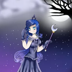 Size: 682x682 | Tagged: safe, artist:glenray35, derpibooru import, princess luna, human, blushing, clothes, dress, female, gloves, humanized, jewelry, long gloves, moon, night, regalia, solo, stars, tree branch, wand