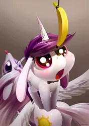 Size: 3507x4960 | Tagged: safe, derpibooru import, princess celestia, oc, oc:lapush buns, princess molestia, absurd resolution, banana, bunnycorn, cute, eyes on the prize, floppy ears, food, fruit, open mouth, plot, tongue out