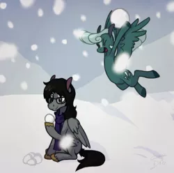 Size: 900x892 | Tagged: safe, artist:enma-darei, derpibooru import, oc, oc:cold snap, oc:mortimer hooves, unofficial characters only, pegasus, pony, clothes, demolition bird squad, duo, female, glasses, male, mare, scarf, sitting, snow, snowball, snowball fight, stallion