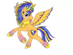 Size: 680x512 | Tagged: safe, artist:spyrica, derpibooru import, flash sentry, alicorn, pony, crown, jewelry, prince flash sentry, race swap, rainbow power, rainbow power-ified, regalia, simple background, solo, tongue out, white background