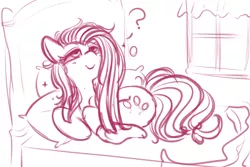 Size: 1280x855 | Tagged: safe, artist:ponycide, derpibooru import, pinkie pie, earth pony, pony, bed, cute, cuteamena, female, messy mane, monochrome, morning ponies, pillow, pinkamena diane pie, question mark, sketch, sleepy, smiling, solo, window