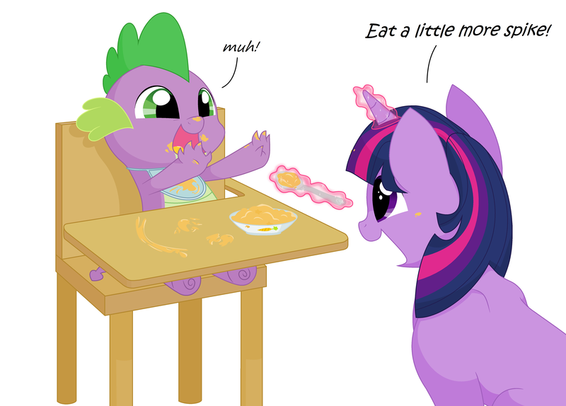 Size: 5384x3864 | Tagged: safe, artist:glitterstar2000, derpibooru import, spike, twilight sparkle, dragon, pony, unicorn, absurd resolution, baby spike, bib, cute, dialogue, feeding, glowing horn, magic, mama twilight, messy eating, simple background, spikabetes, spoon, telekinesis, twiabetes, white background